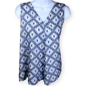 Calvin Klein White Blue Sleeveless V-neck Blouse L